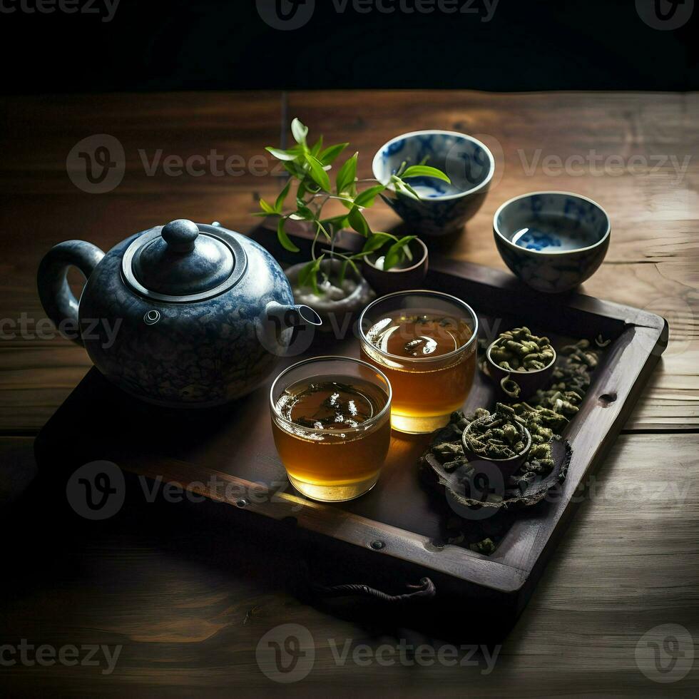 Tea on a wooden table. View from the top. High resolution. Ai generative photo