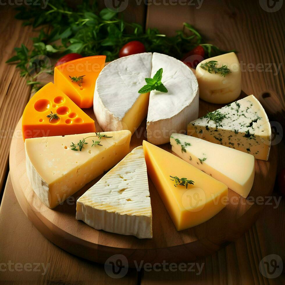 Different types of cheese cut into slices laid out on wooden board. High resolution. Ai generative photo