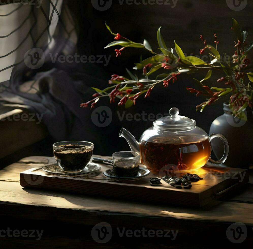 tradicional té en un de madera mesa. alto resolución. ai generativo foto