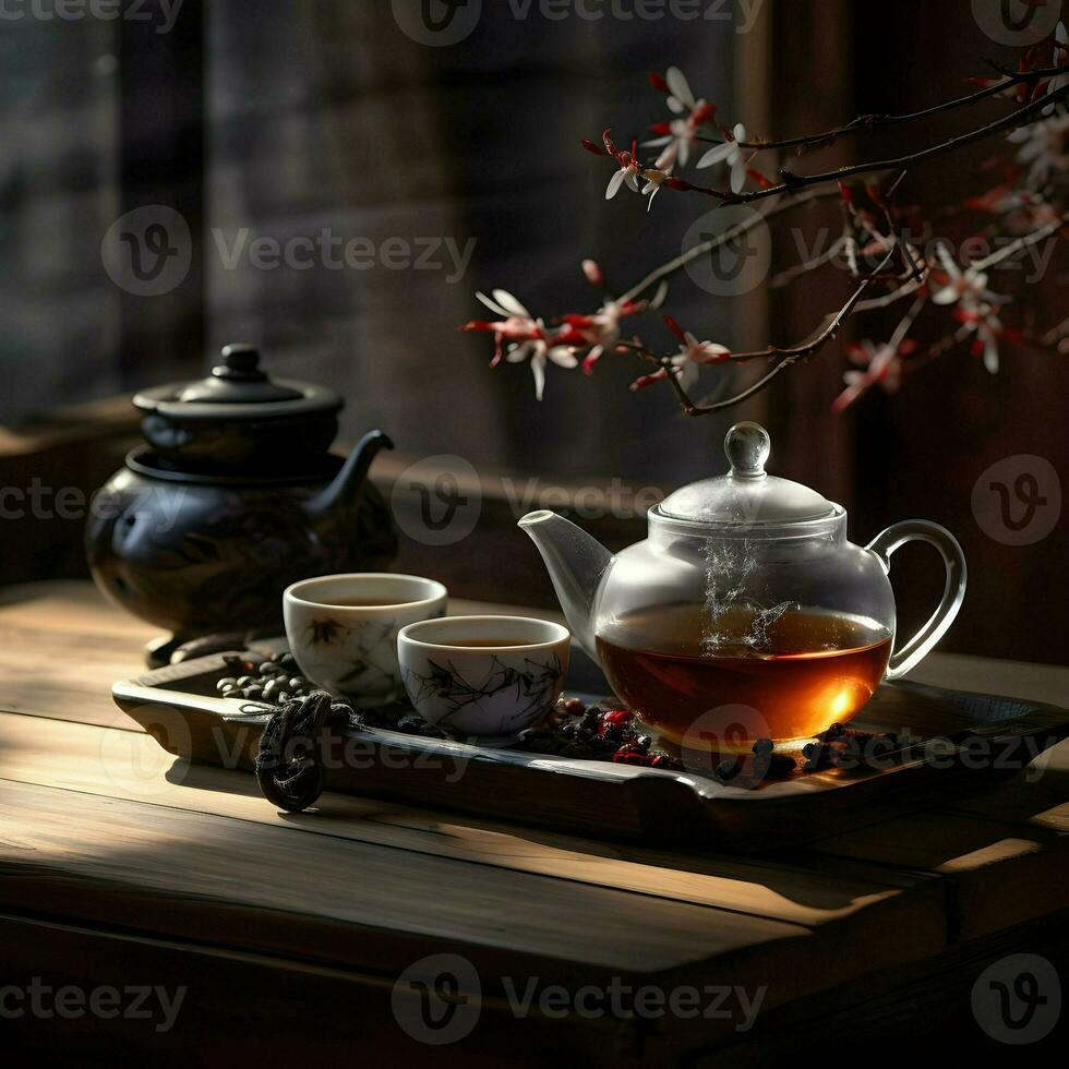 Traditional tea on a wooden table. High resolution. Ai generative photo