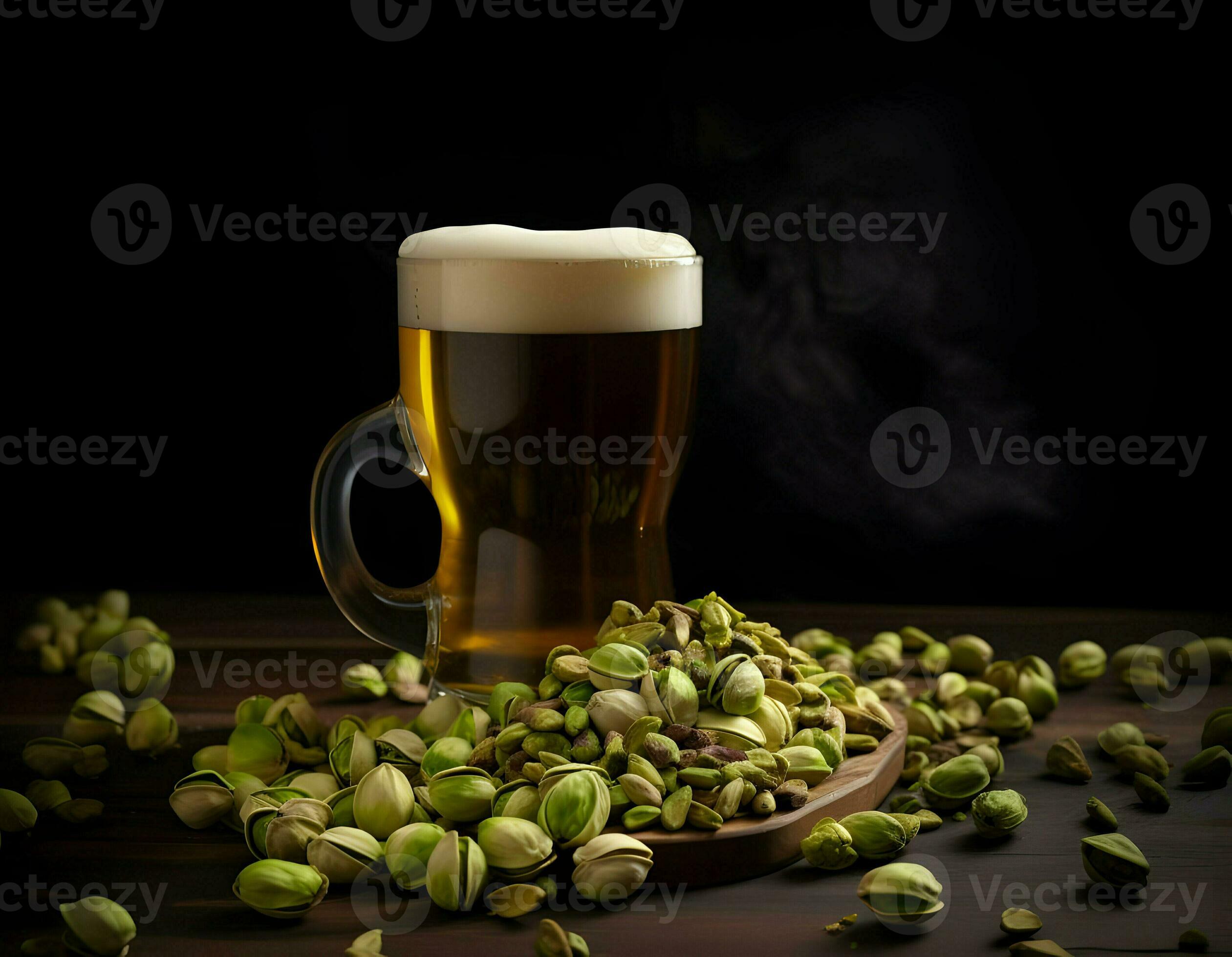 Pistachios on plate and beer in glass. High resolution. AI Generative