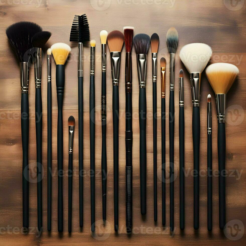 Makeup brushes laid out in a row. High resolution. Ai generative. photo