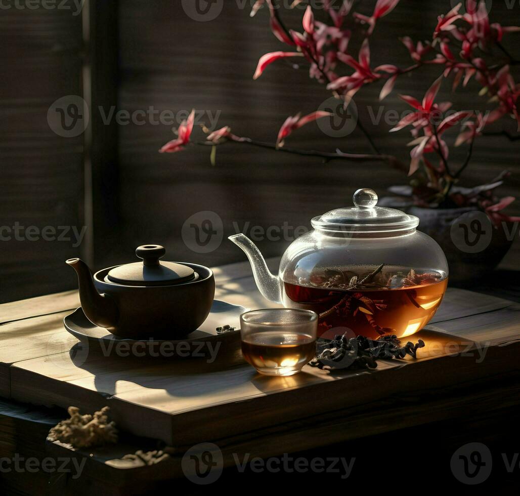 Traditional tea on a wooden table. High resolution. Ai generative photo