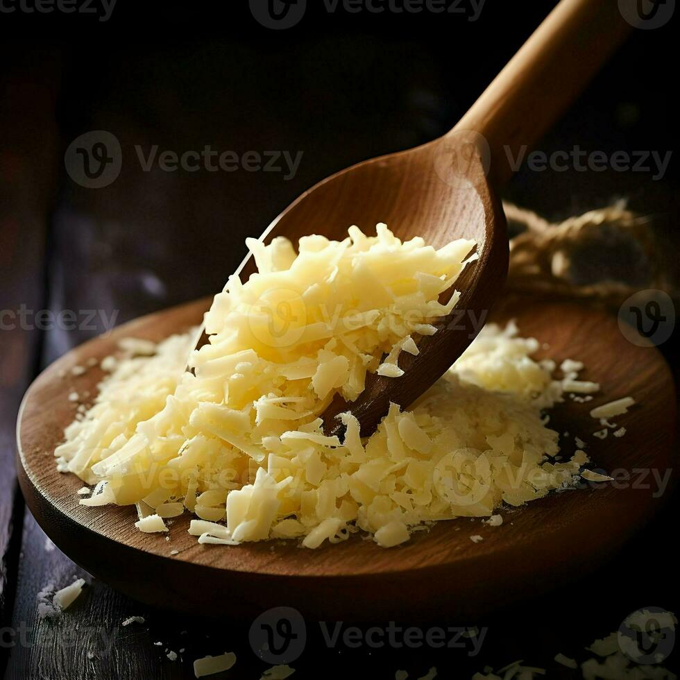 Grated cheese on a wooden spoon. Close-up photo. High resolution. AI Generative photo