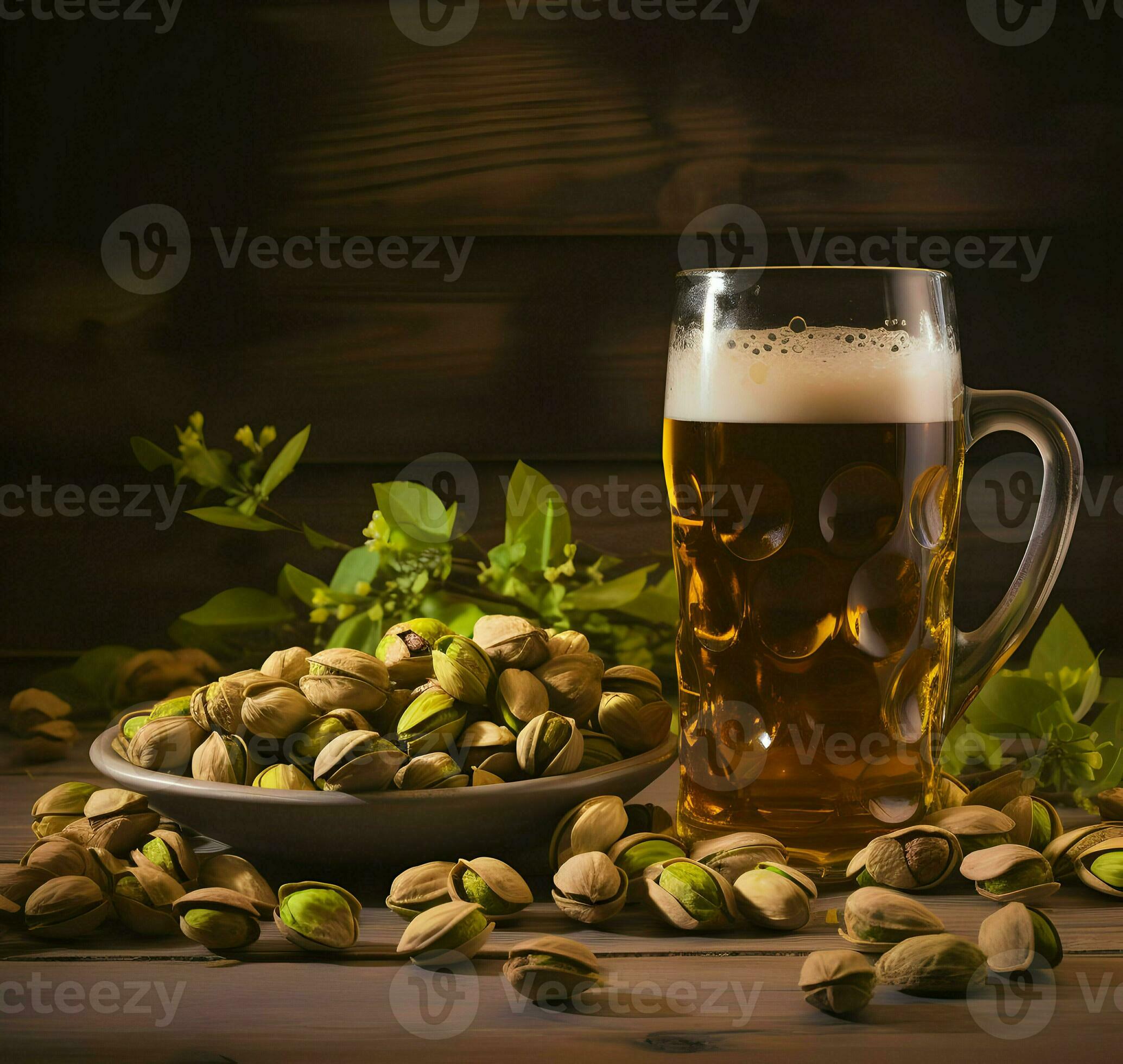 Pistachios on a plate and beer in the glass. High resolution. Ai
