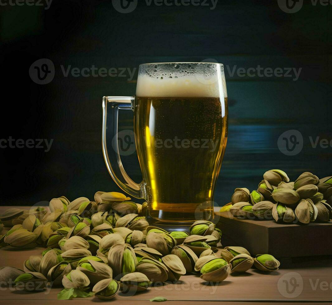 Pistachios on a plate and beer in the glass. High resolution. Ai generative photo