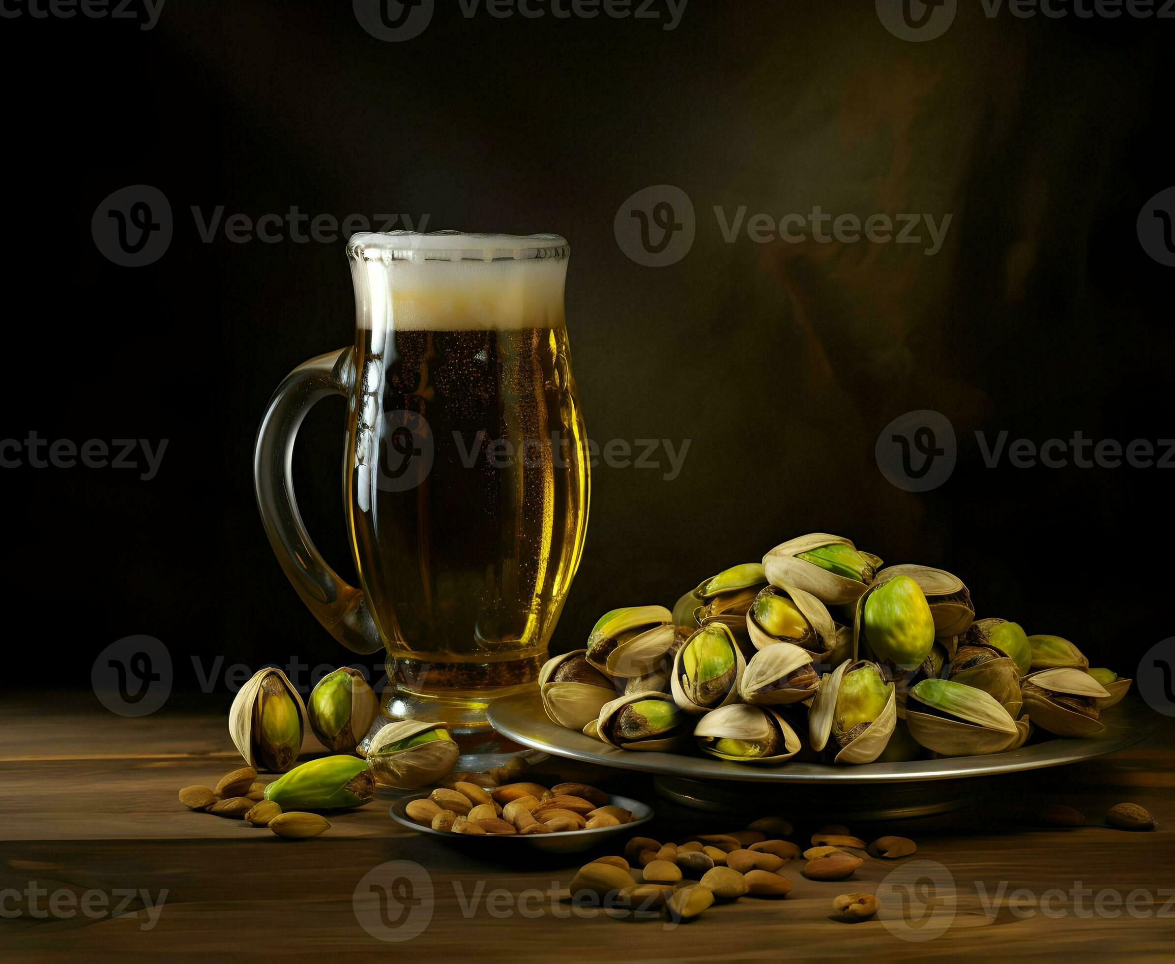 Pistachios on a plate and beer in the glass. High resolution. Ai