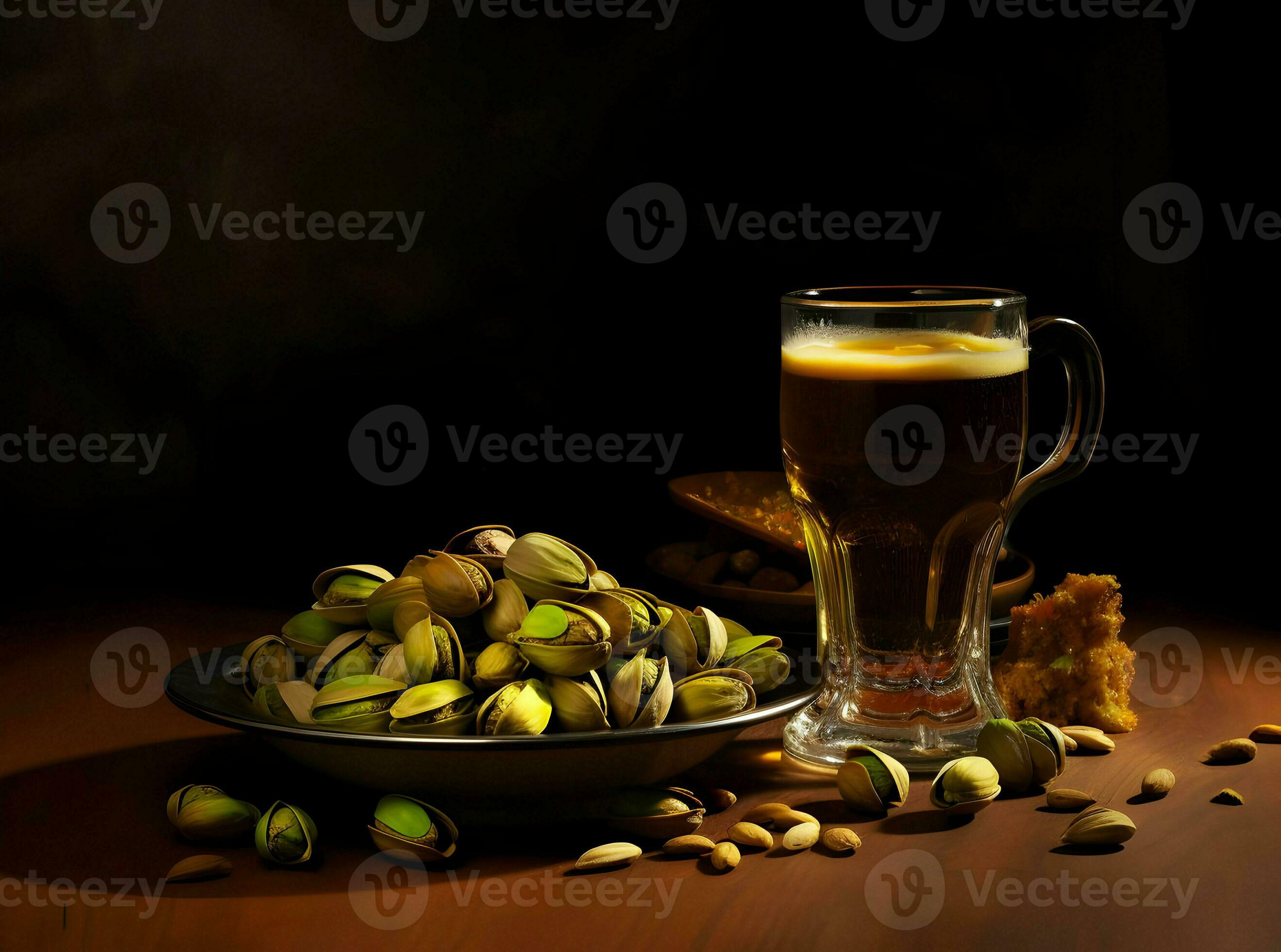 Pistachios on a plate and beer in the glass. High resolution. Ai