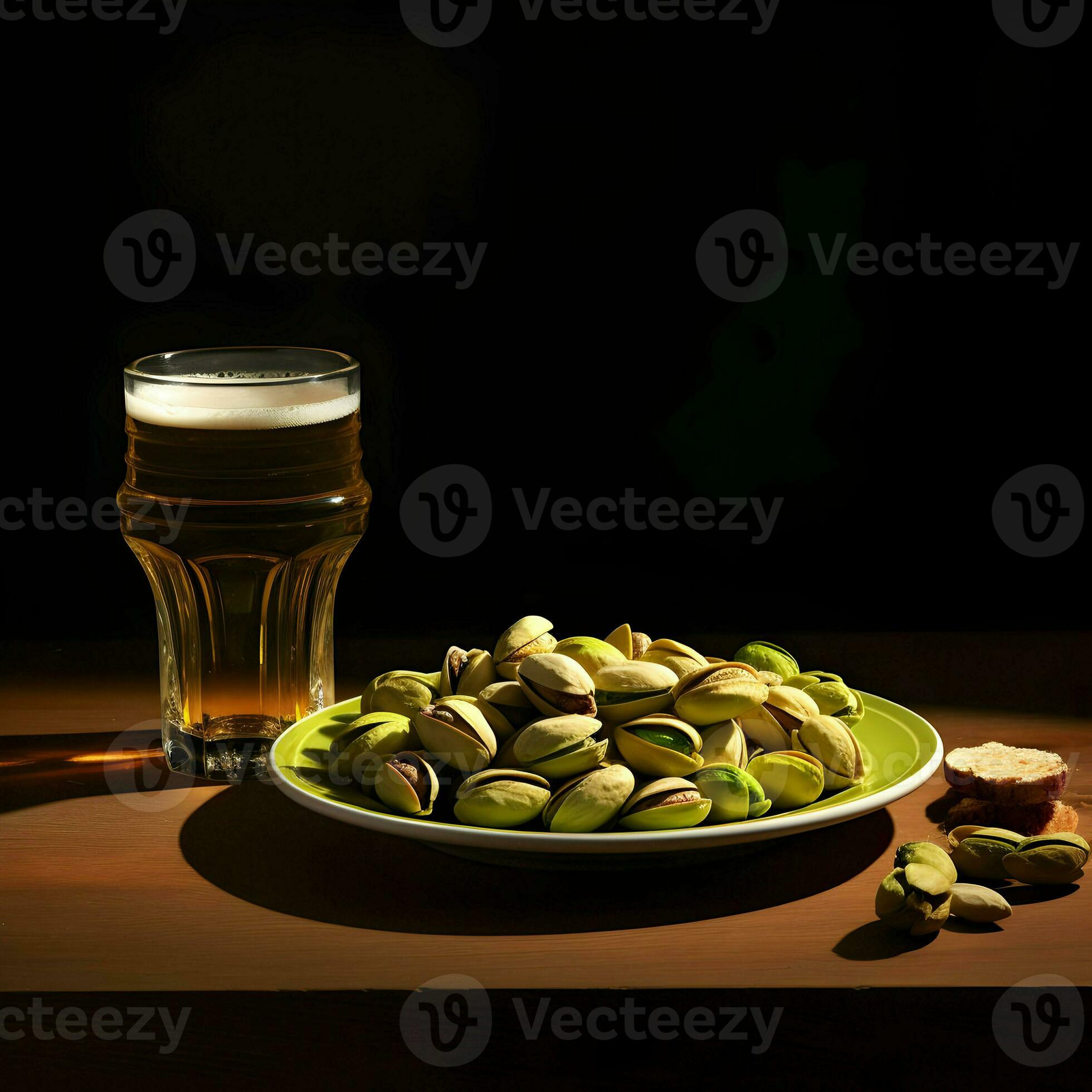 Pistachios on a plate and beer in the glass. High resolution. Ai