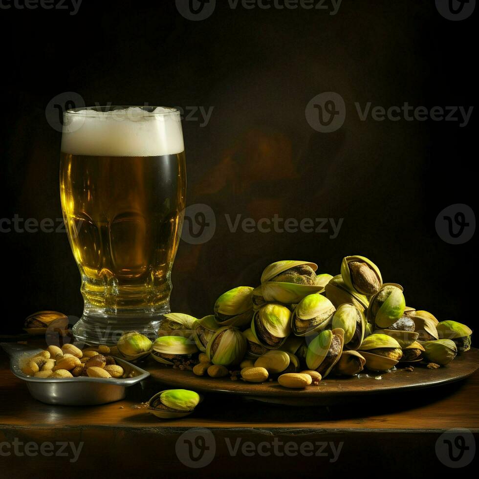 Pistachios on a plate and beer in the glass. High resolution. Ai generative photo