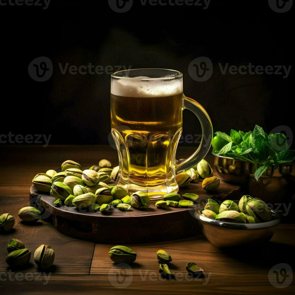 Pistachios on a plate and beer in the glass. High resolution. Ai generative photo