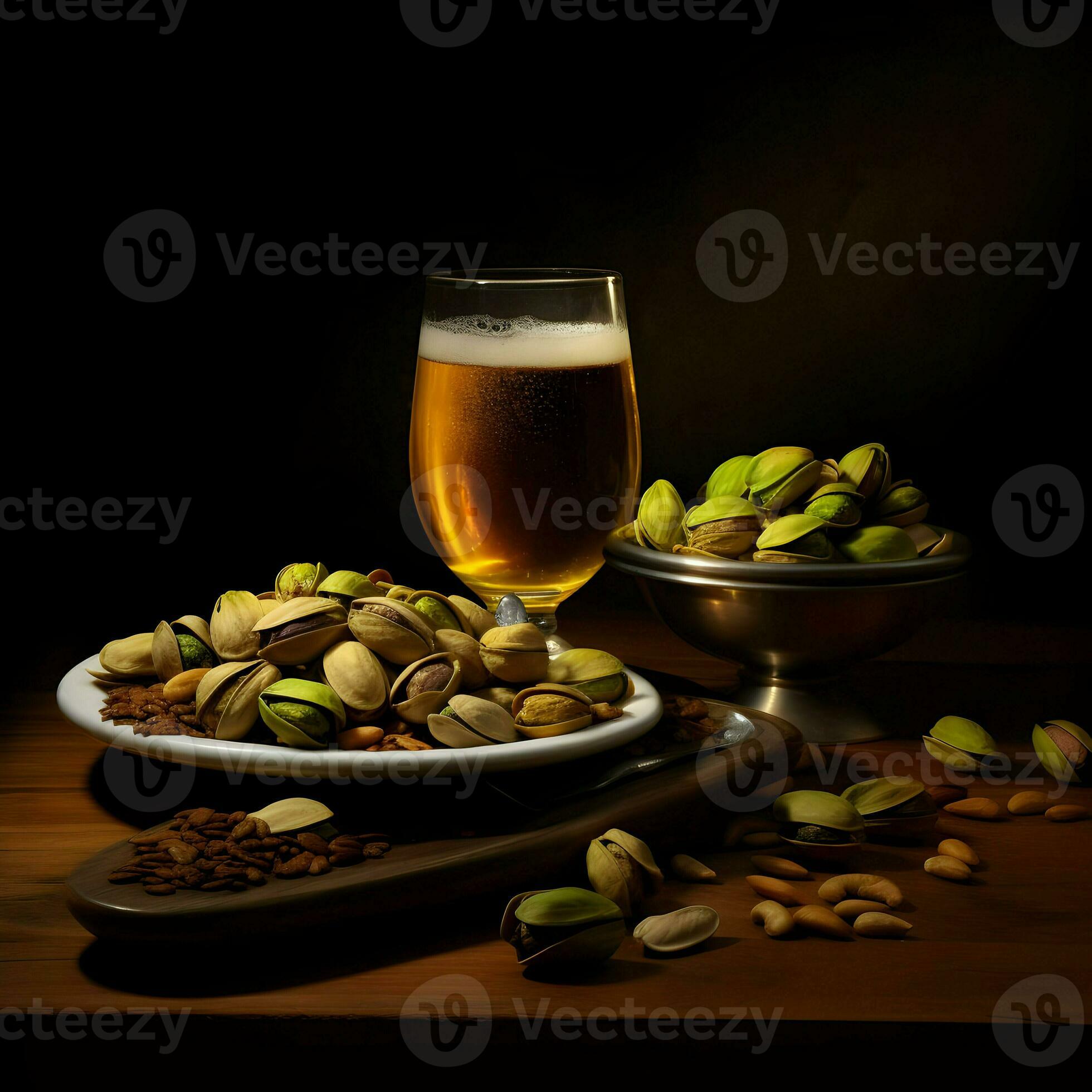 Pistachios on a plate and beer in the glass. High resolution. Ai