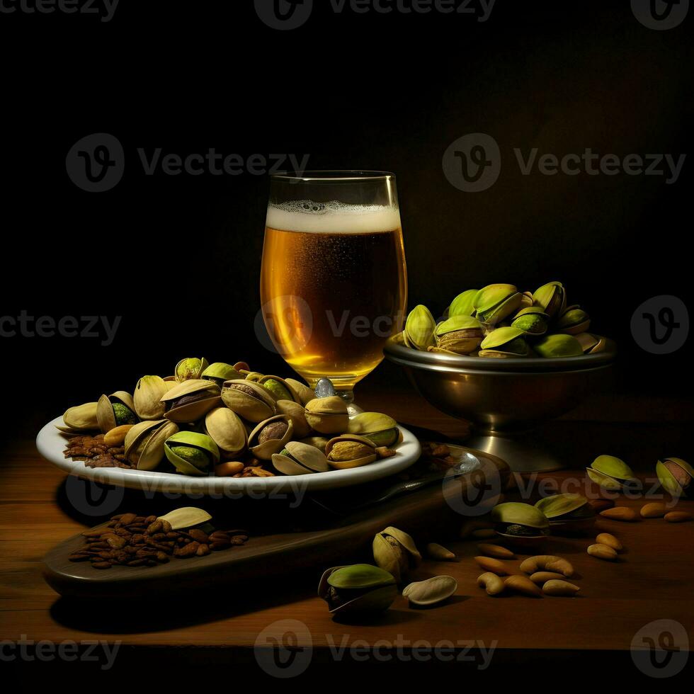 Pistachios on a plate and beer in the glass. High resolution. Ai generative photo