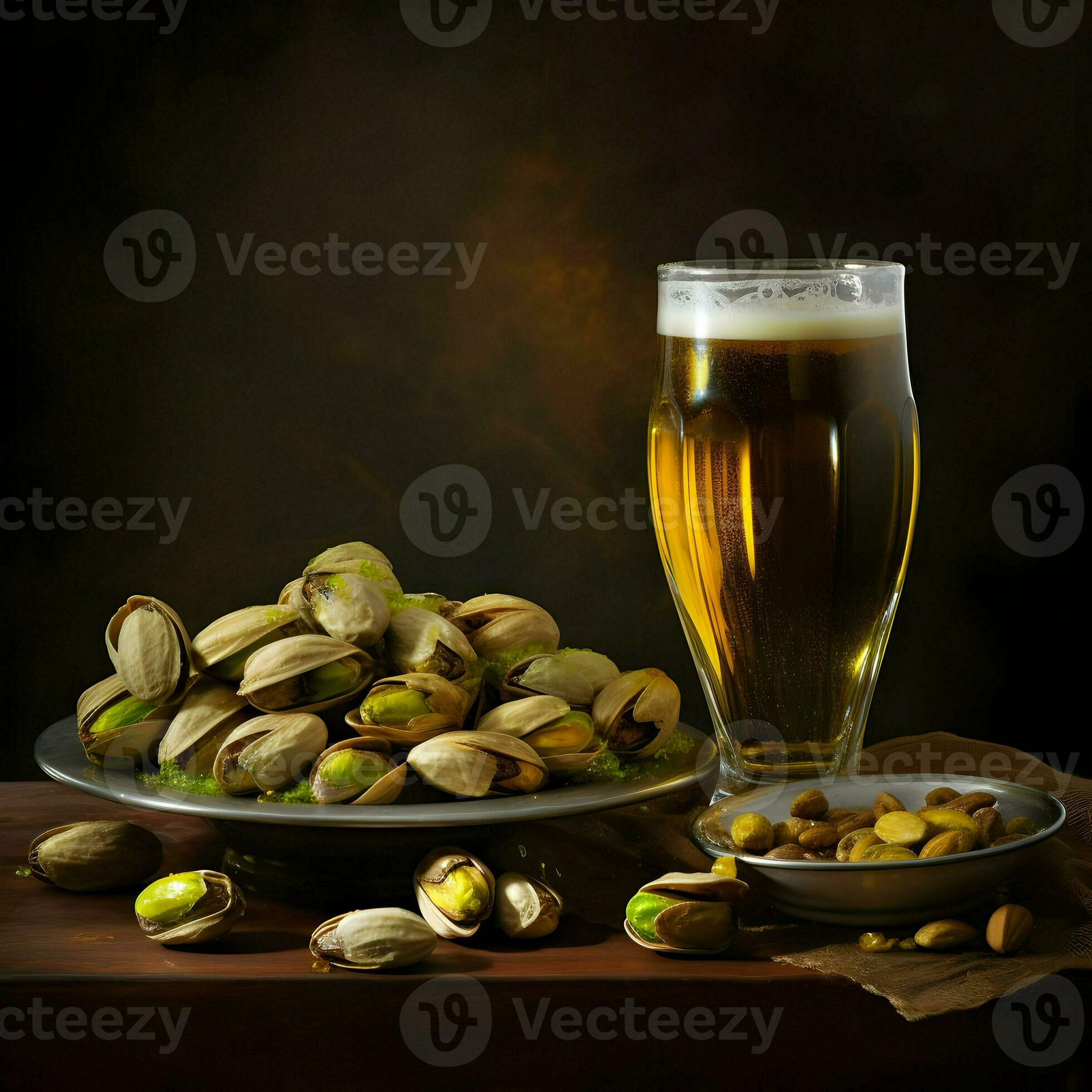 Pistachios on a plate and beer in the glass. High resolution. Ai