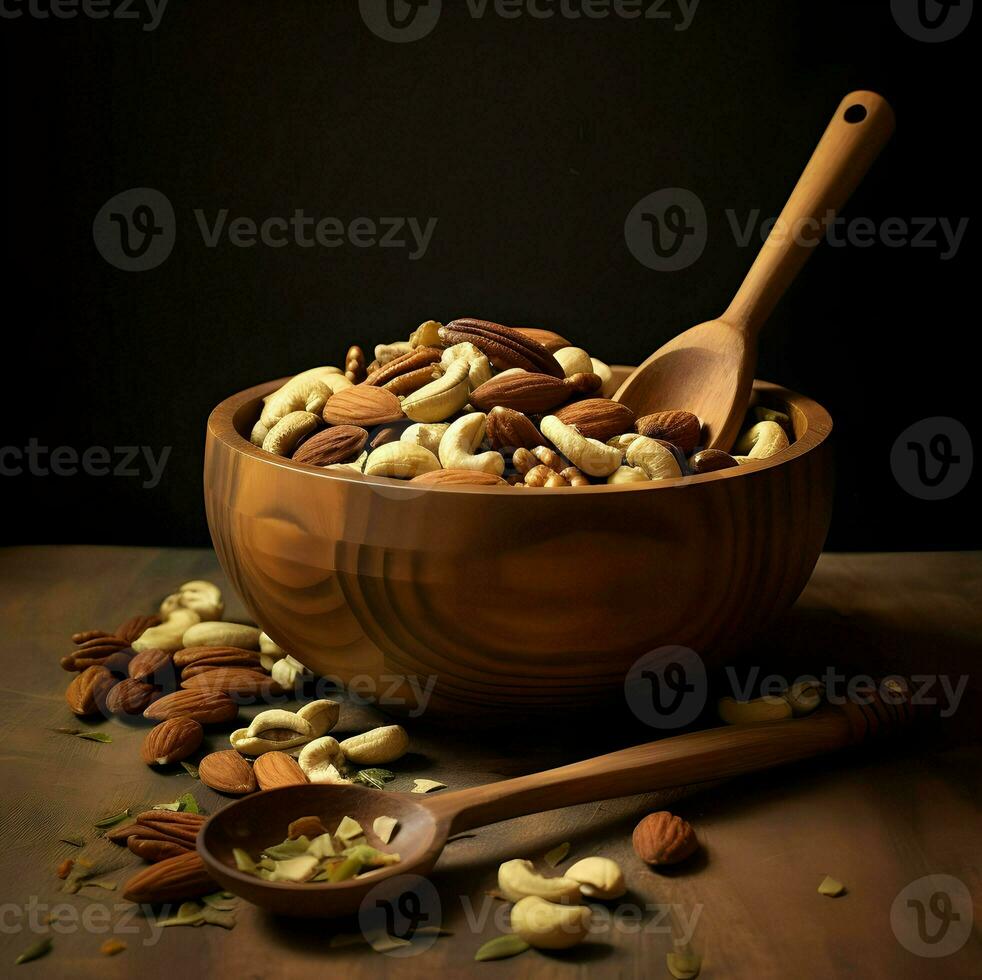 Bowl of mixed nuts and seeds with a wooden spoon. High resolution.Ai generative photo
