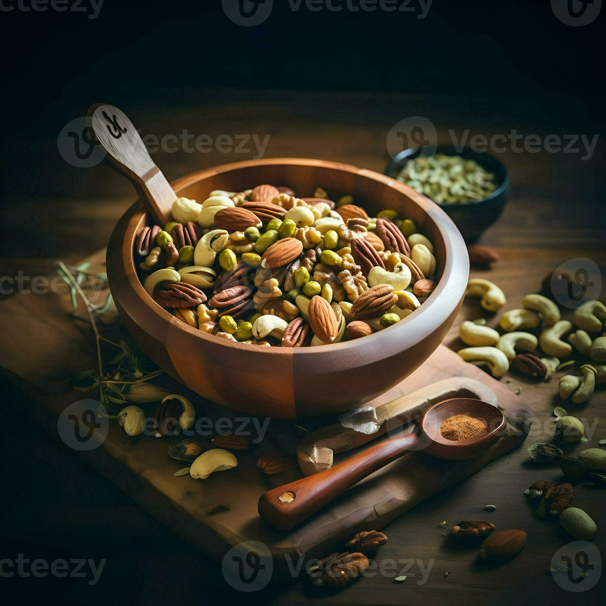 Bowl of mixed nuts and seeds with a wooden spoon. High resolution.Ai