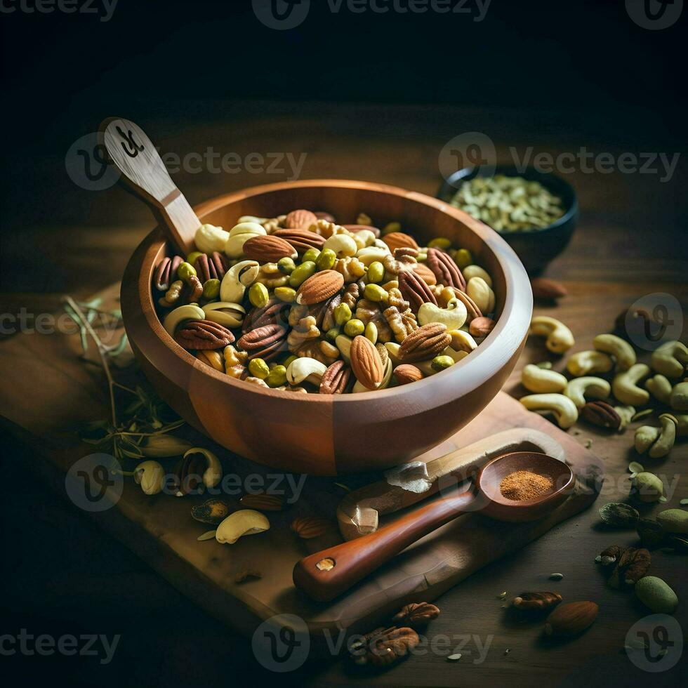 Bowl of mixed nuts and seeds with a wooden spoon. High resolution.Ai generative photo