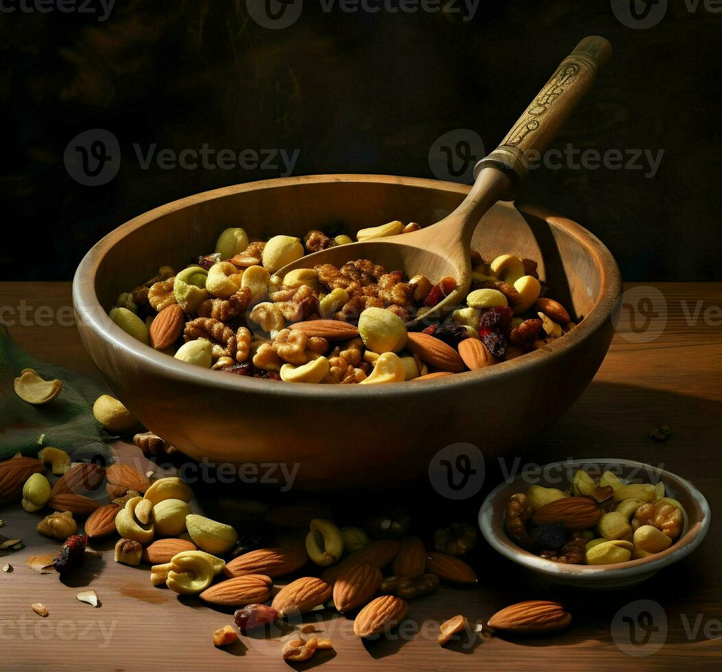 Bowl of mixed nuts and seeds with a wooden spoon. High resolution.Ai generative photo