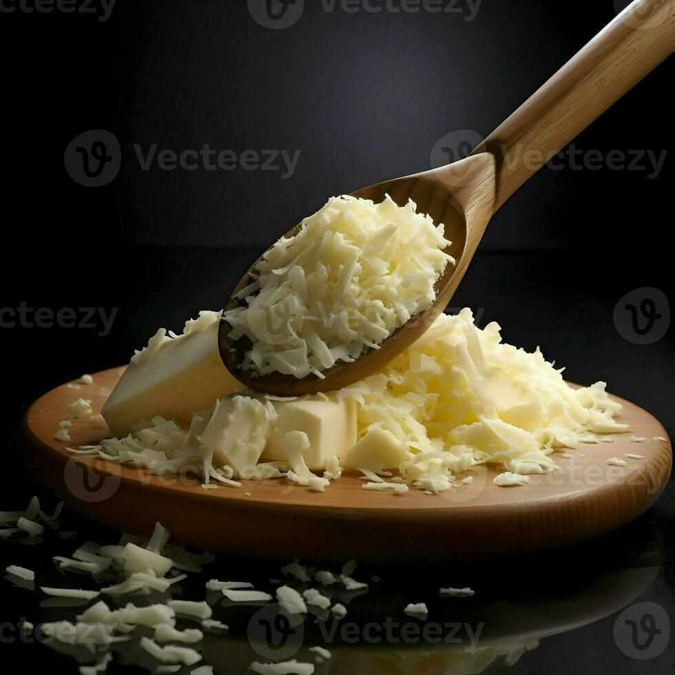 Grated cheese on a wooden spoon High resolution. Ai generative photo