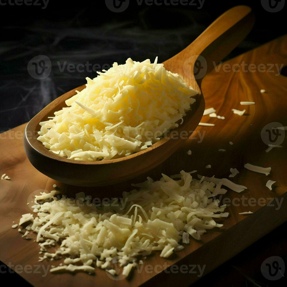 Grated cheese on a wooden spoon High resolution. Ai generative photo