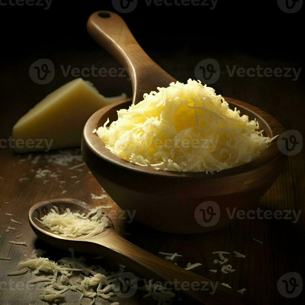 Grated cheese on a wooden spoon High resolution. Ai generative photo