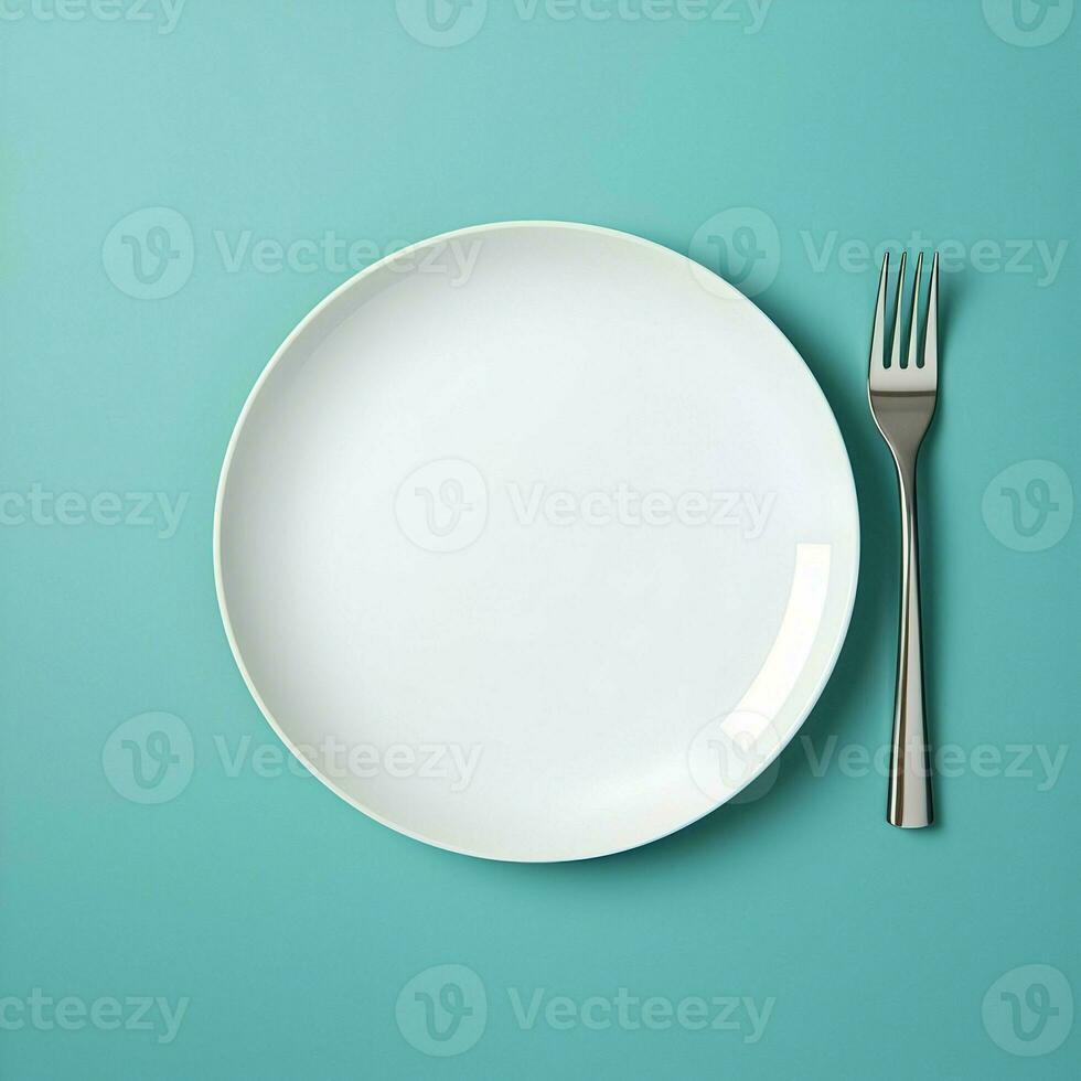 White ceramic plate with knife lying next to on blue background. High resolution. AI Generative photo