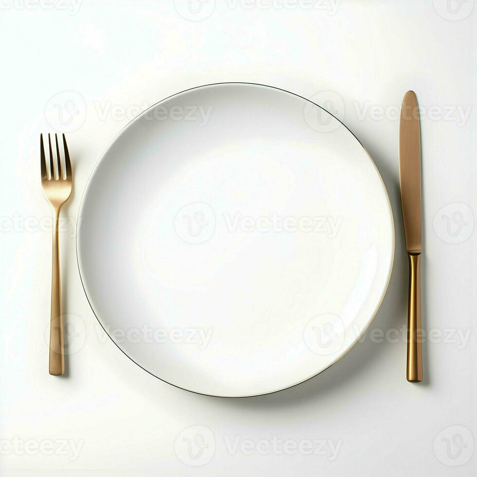 White ceramic plate with fork and knife lying next to on white background. High resolution. AI Generative photo