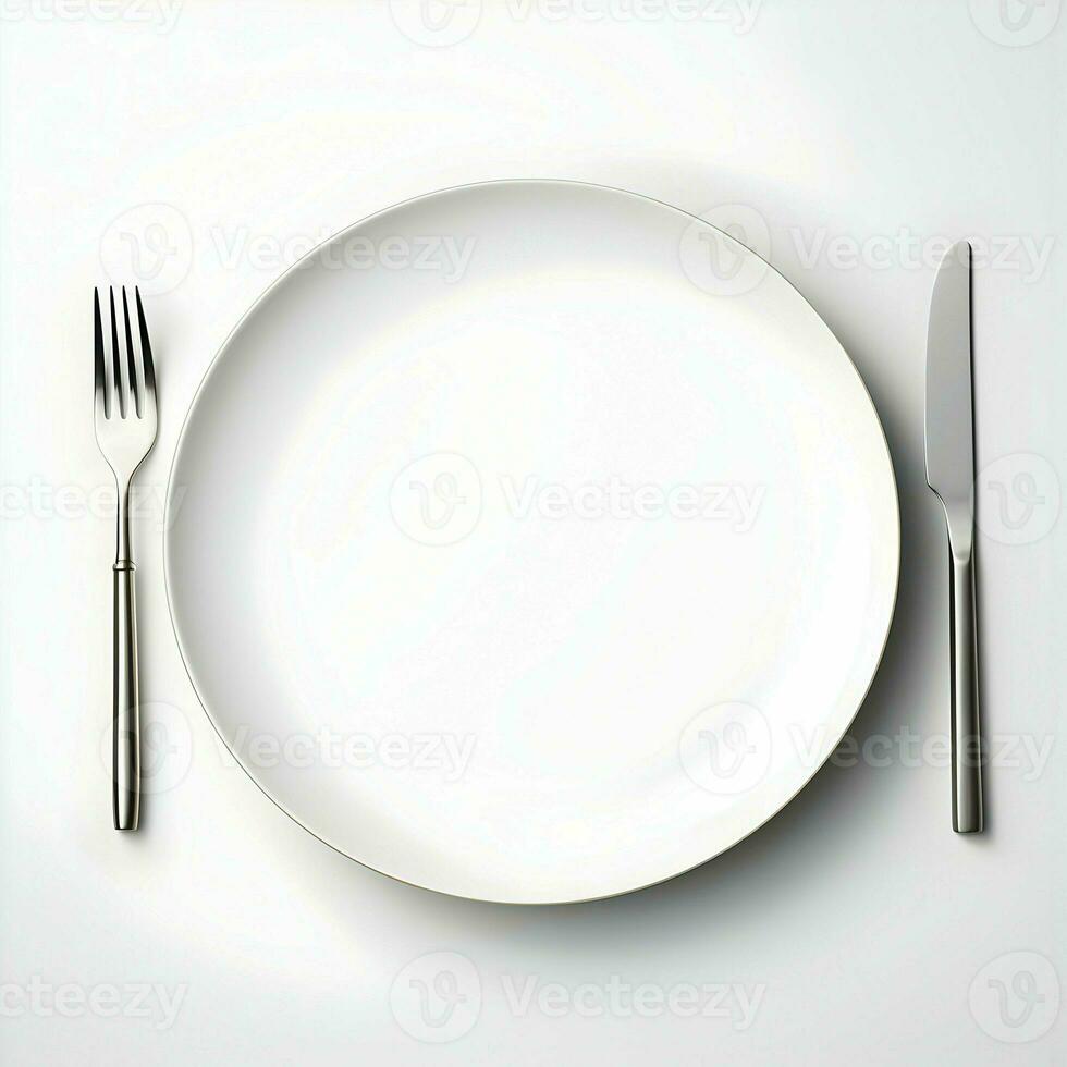 White ceramic plate with fork and knife lying next to on white background. High resolution. AI Generative photo
