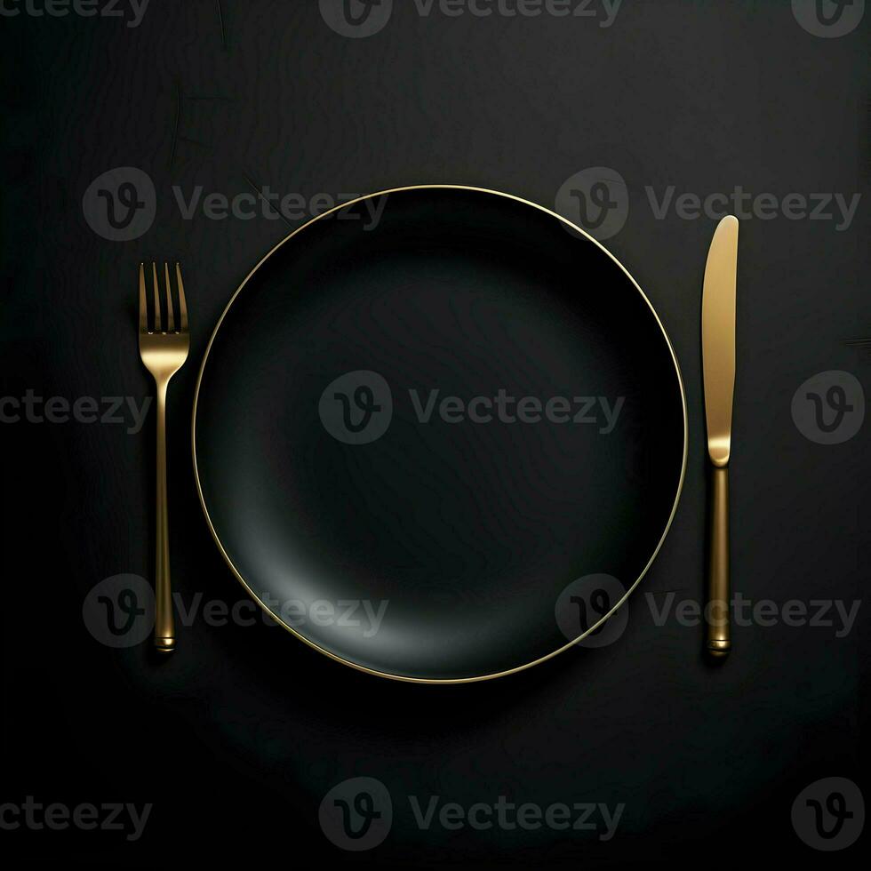 Minimalistic black ceramic plate with metalic fork and knife. High-resolution. AI Generative photo
