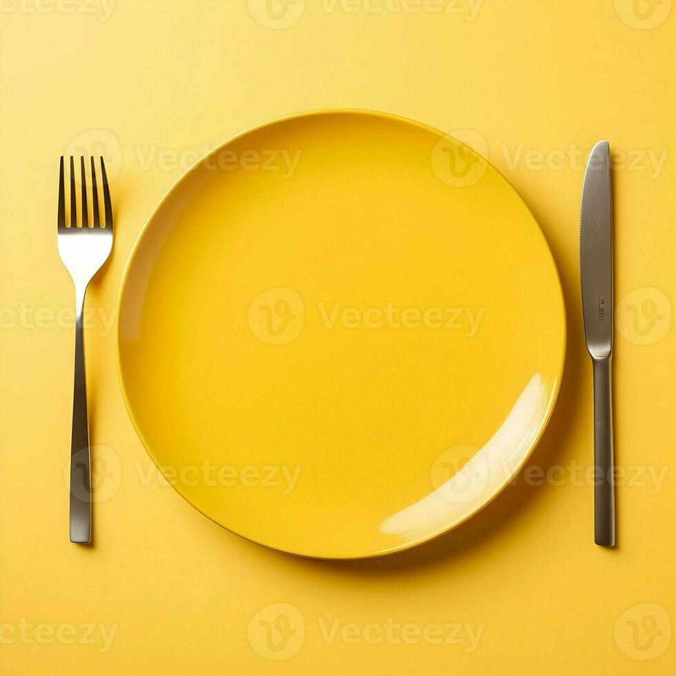 Minimalistic yellow ceramic plate with metallic fork and knife on yellow background. High resolution. AI Generative photo