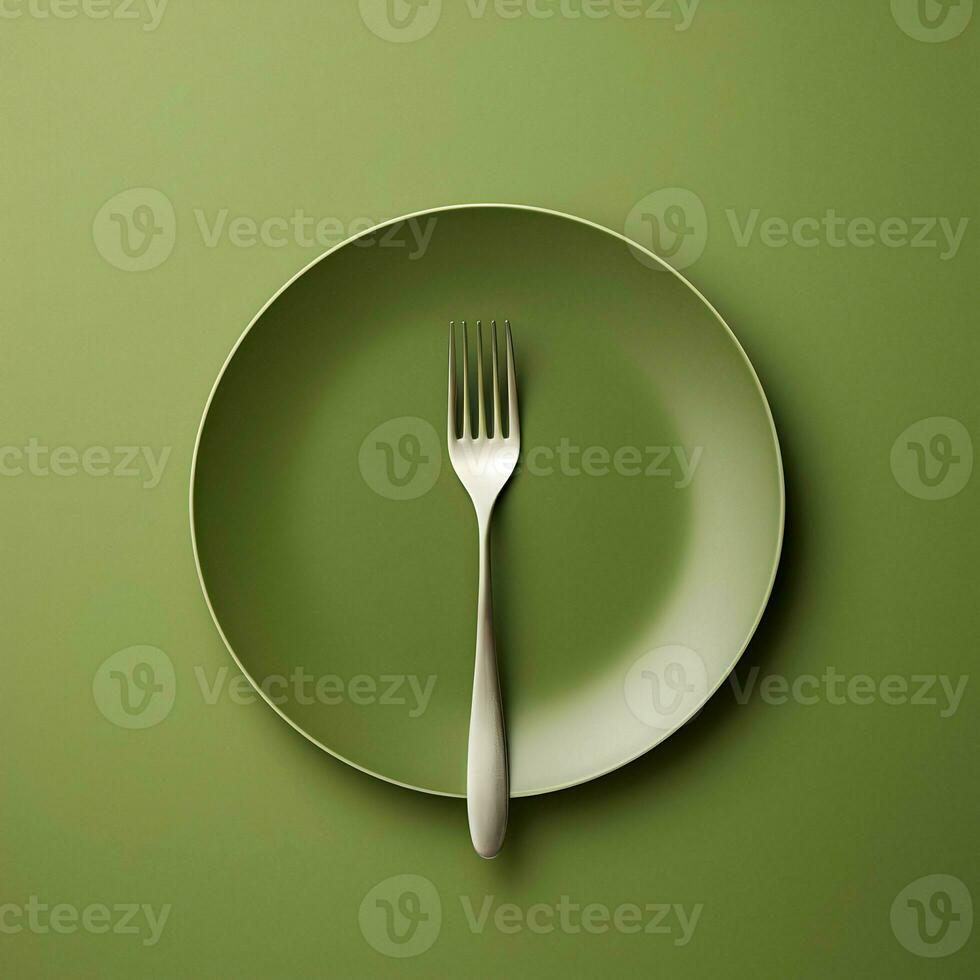 Minimalistic green ceramic plate with metal fork and knife. Top view. Highresolution. Ai generative photo