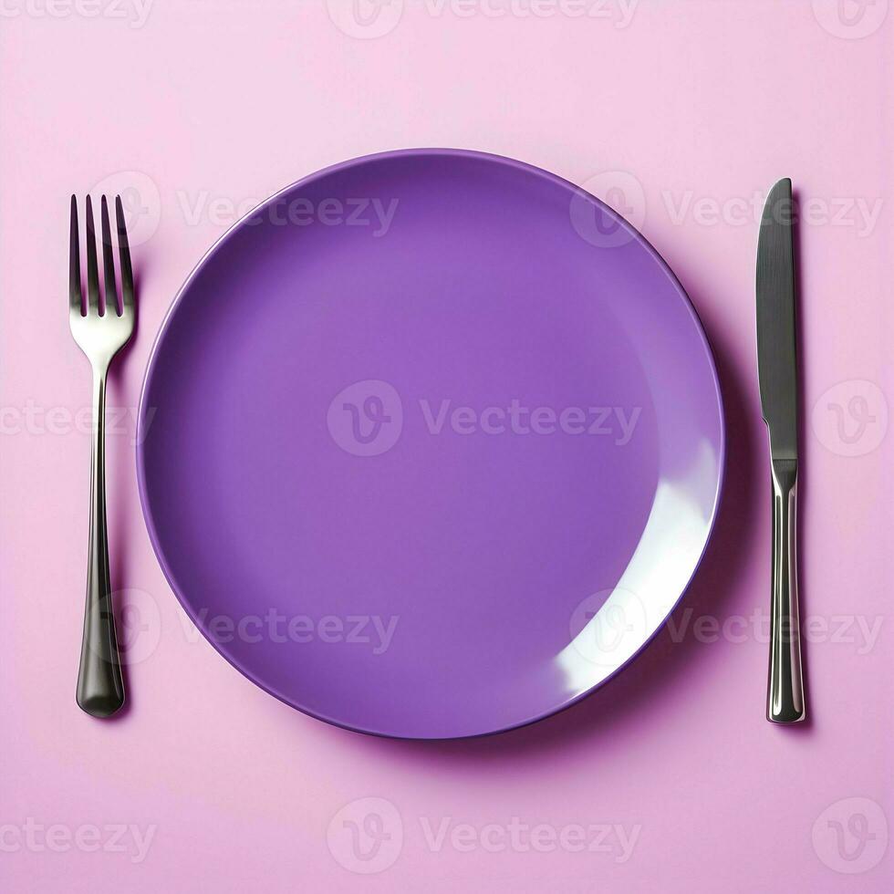 A violet ceramic plate with a fork and knife lying next to on violet background. High-resolution. AI Generative photo