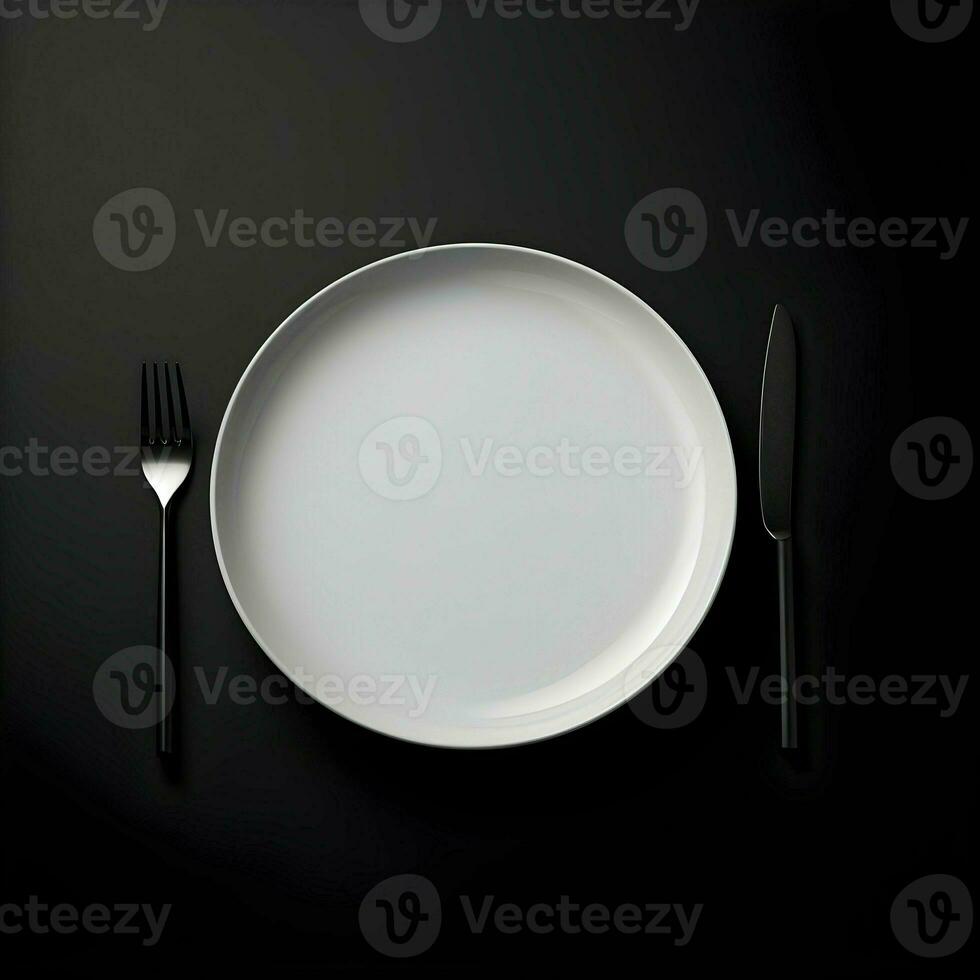 Minimalistic white ceramic plate with metal fork and knife. Top view. High-resolution. AI Generative photo