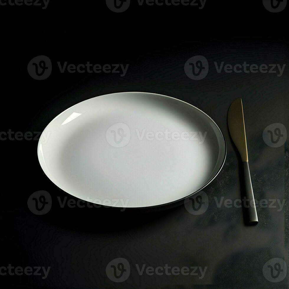 Minimalistic black and white ceramic plate with metal fork and knife. Back view. High-resolutionAi generative photo