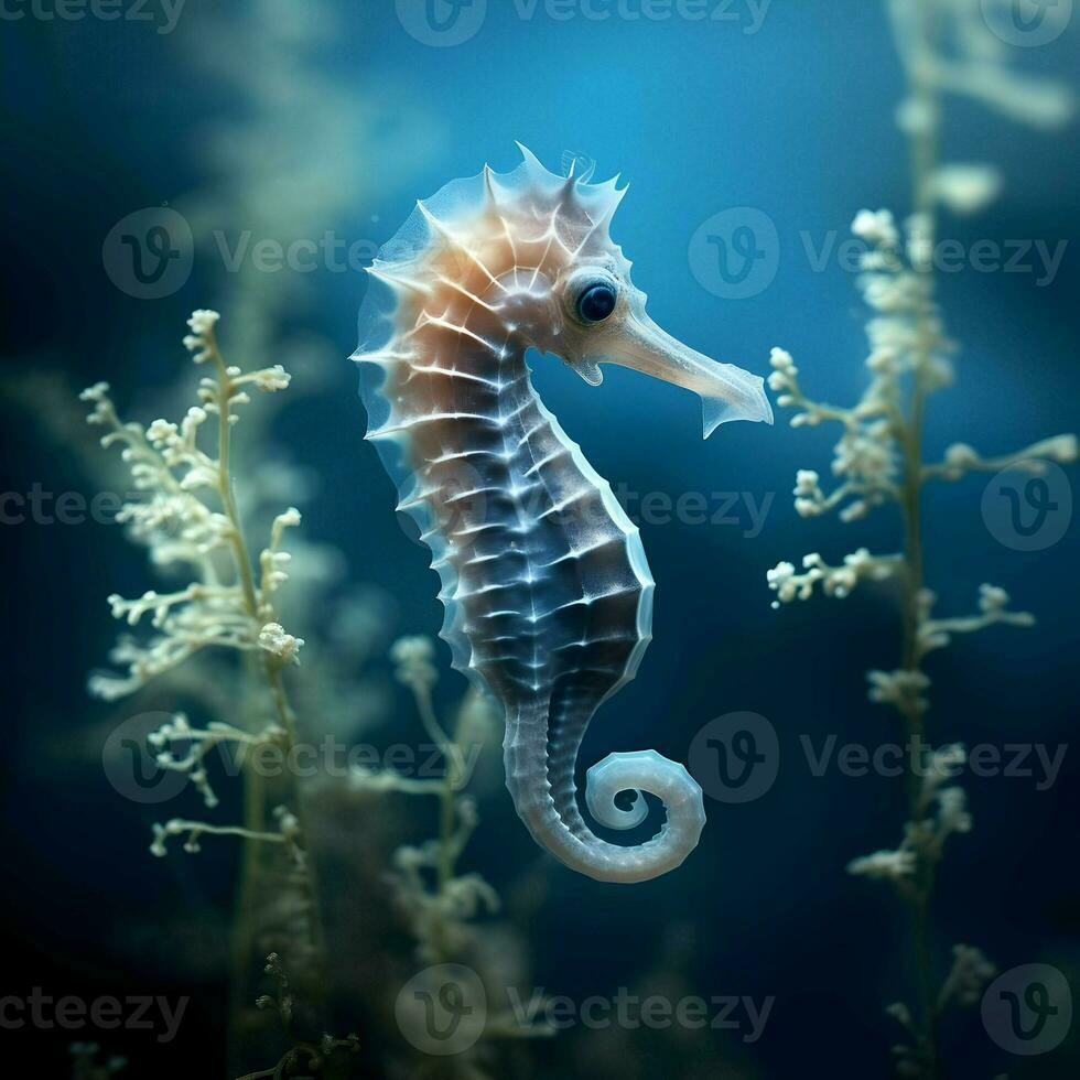 Sea Horse bokeh cyanotype side view. High-resolution. AI Generative photo