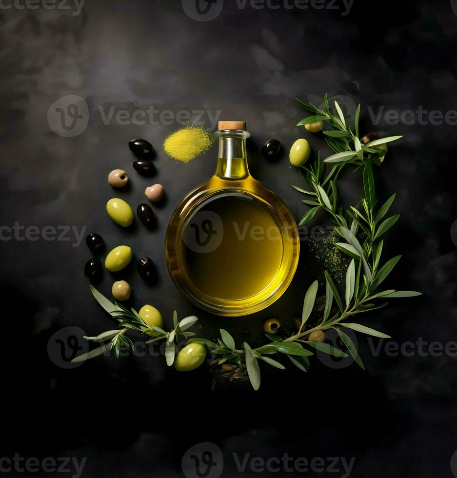 Top view arrangement with olive oil and leaves. High resolution. AI Generative photo