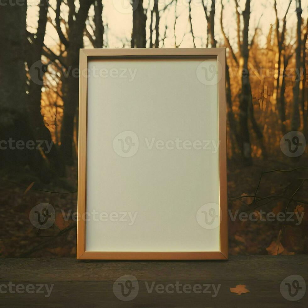 Empty frame mockup in forest. High-resolution. AI Generative photo