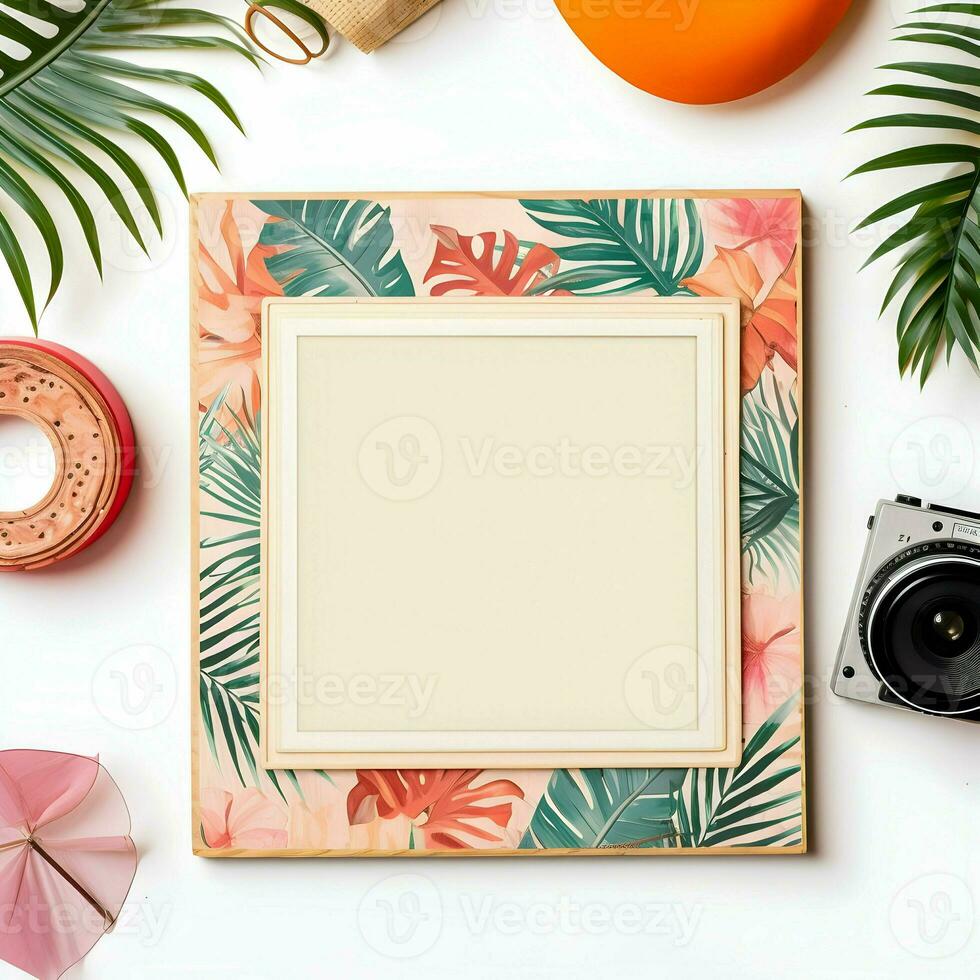 Polaroid frame photo mockup scrapbook in flowers. High quality. AI Generative