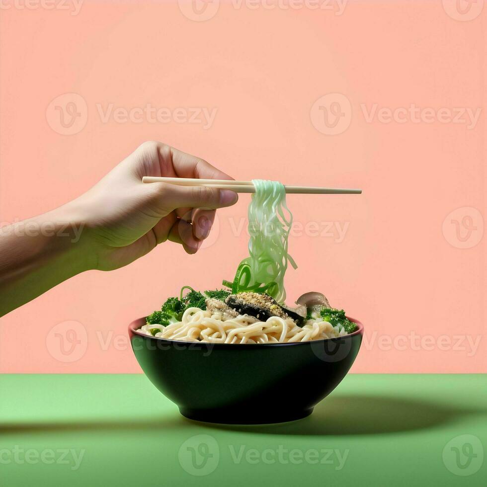 A hand holding a bowl full of ramen noodles and chops. High quality. AI Generative photo