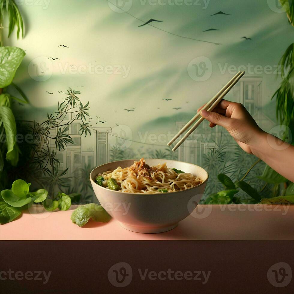 A hand holding a bowl full of ramen noodles and chops. High quality. AI Generative photo