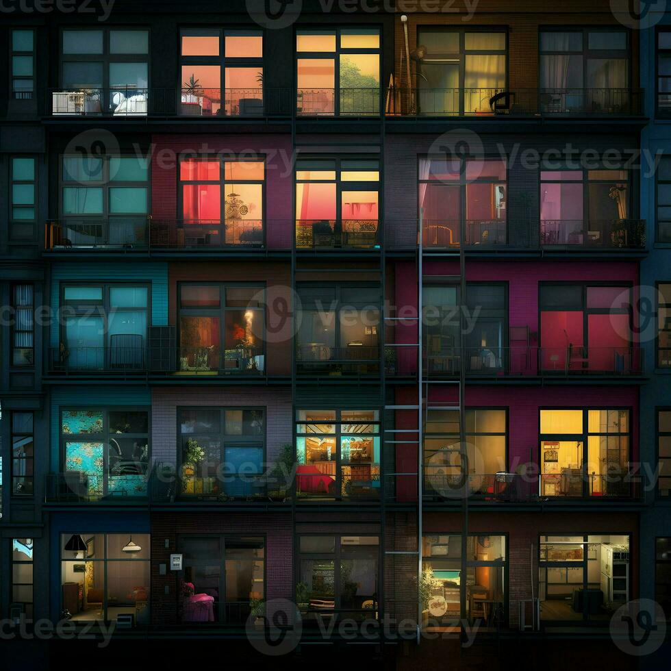 Bright colors apartment window lights at night. High-resolution. AI Generative photo