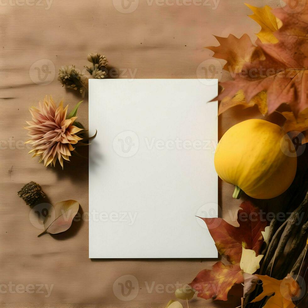 Card mockup blank laying on autumn background. High-resolution. AI Generative photo