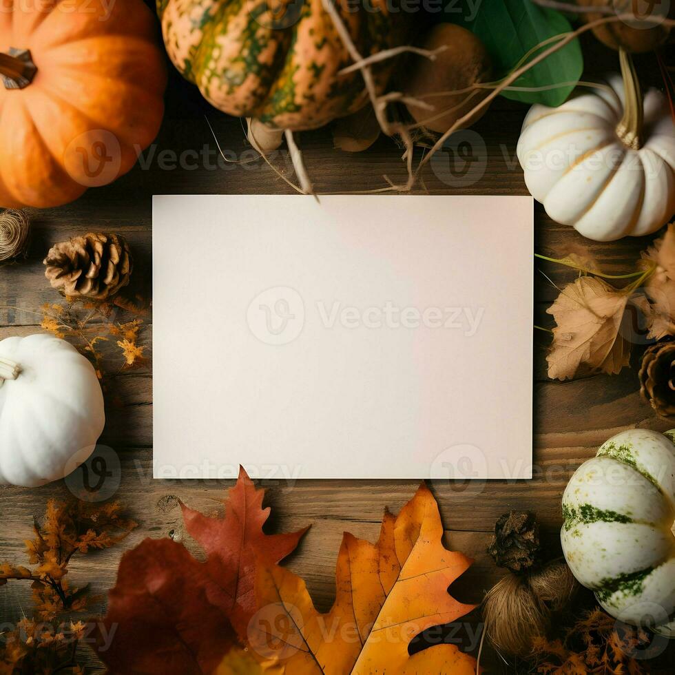 Card mockup blank laying on autumn background. High-resolution. AI Generative photo