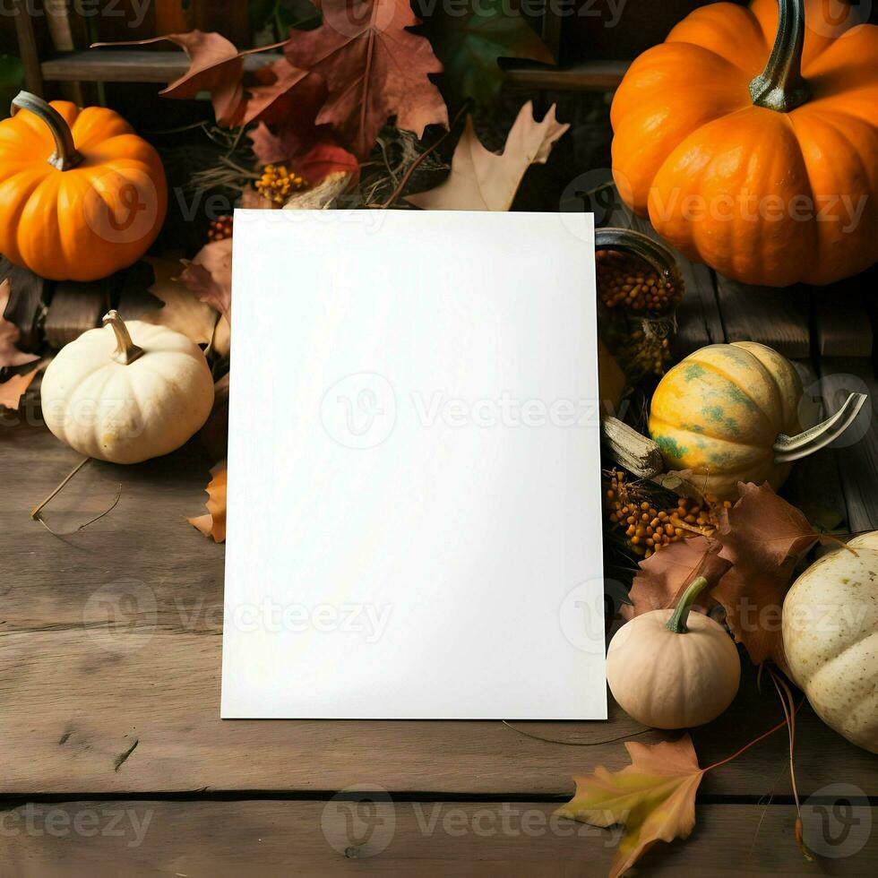 Card mockup blank laying on autumn background. High quality. AI Generative photo