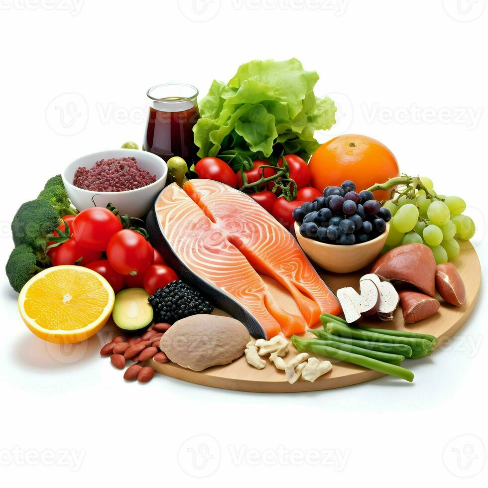 Ingredients of a healthy diet on white background. High quality. AI Generative photo