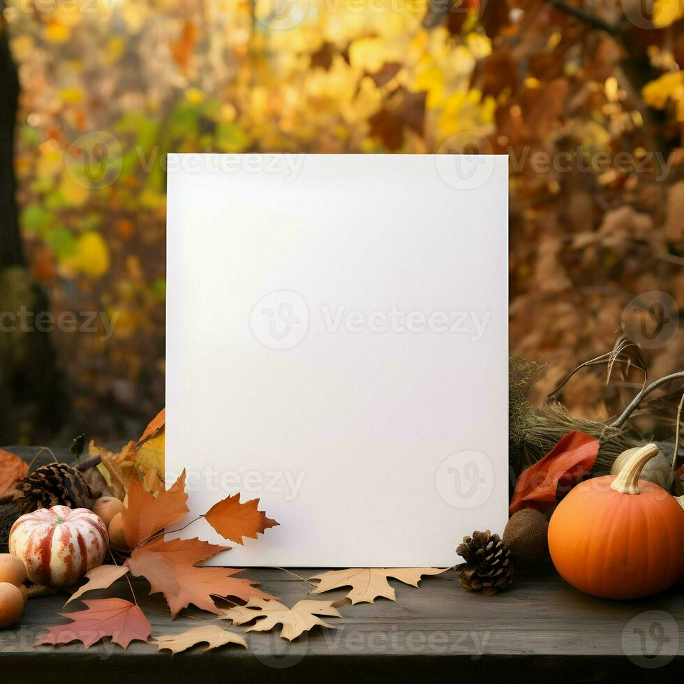 Card mockup blank laying on autumn background. High-resolution. AI Generative photo