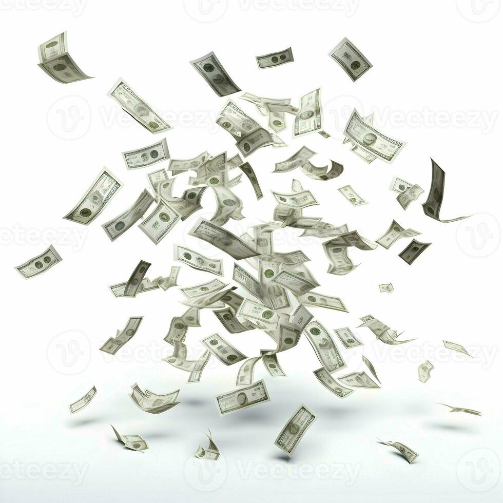 Money falling from the sky on white background. High-resolution. AI Generative photo