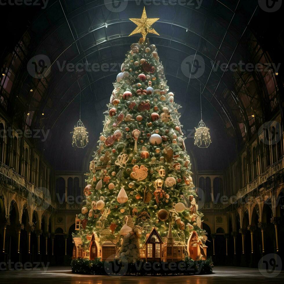 A huge Christmas tree postcard. High quality. AI Generative photo