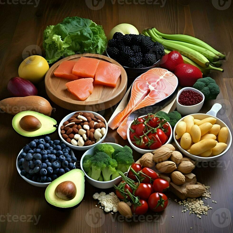 ingredientes de un sano dieta. alto calidad. ai generativo foto