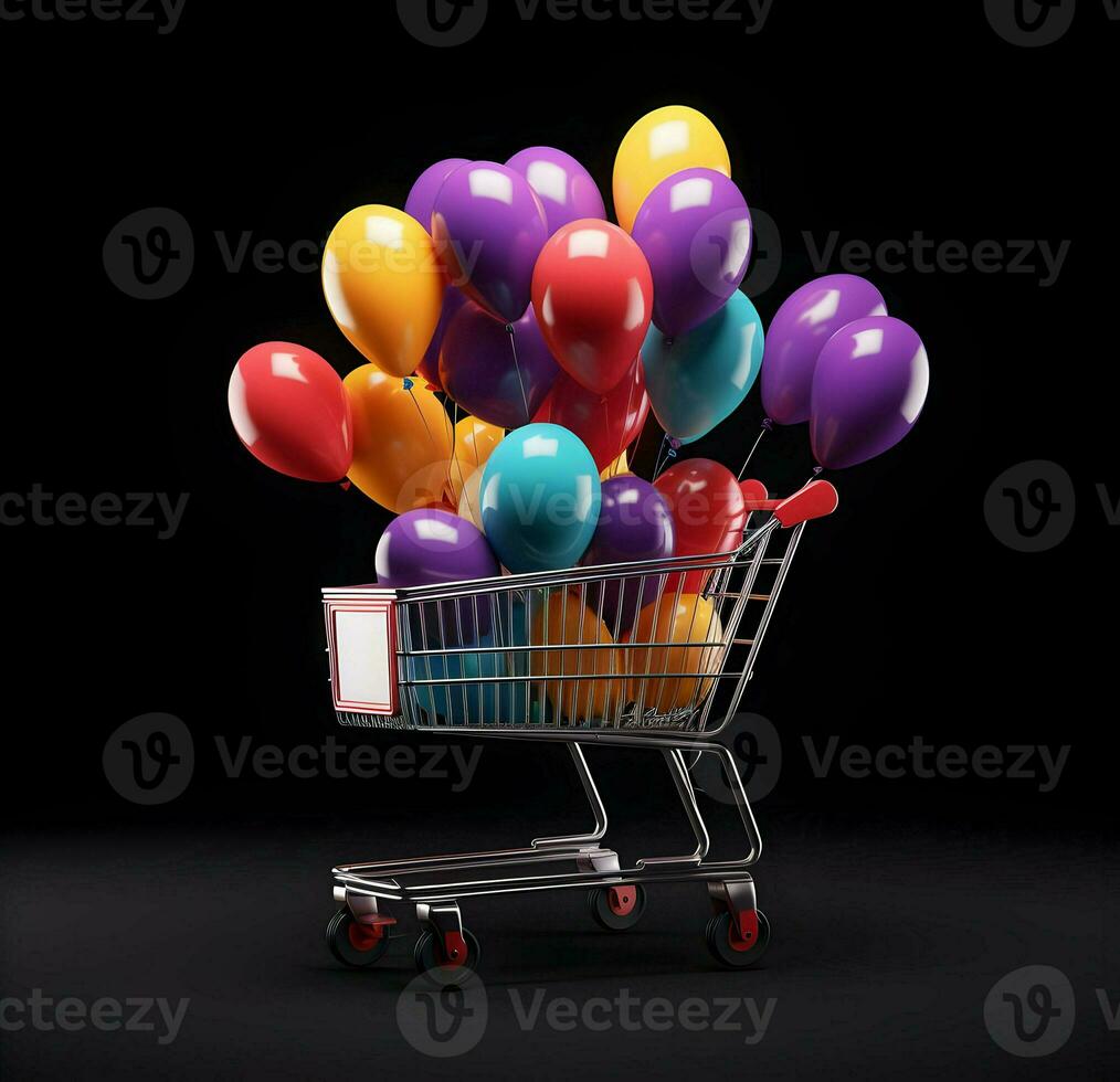 Black Friday poster with balloons and shopping cart. High quality. AI Generative photo